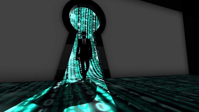 image of man walking through dark keyhole showing binary code