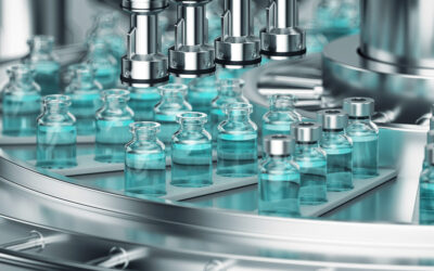 Pharmaceutical manufacture background with glass bottles with clear liquid on automatic conveyor line.